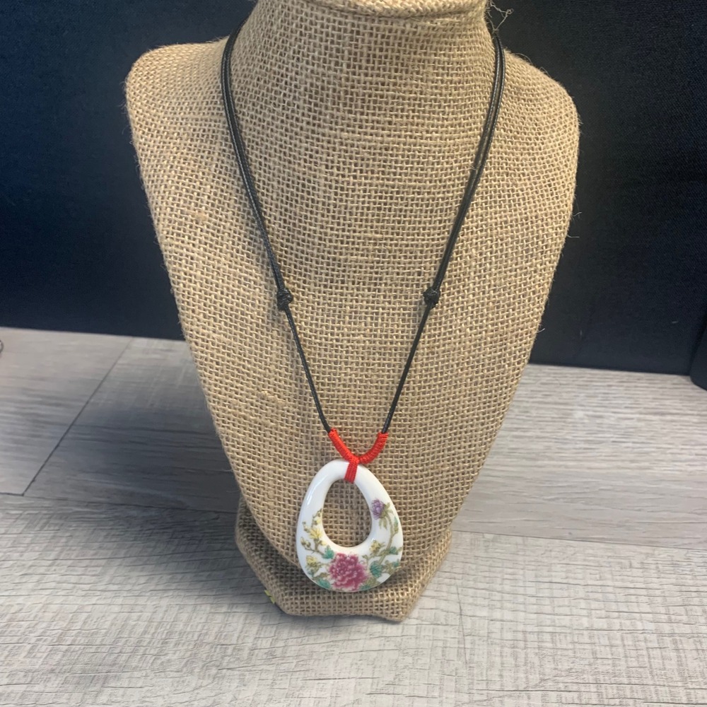 Hand Painted Ceramic Floral Peony Pendant Necklace Adjustable Black Cord 16in